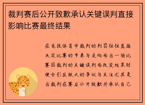 裁判赛后公开致歉承认关键误判直接影响比赛最终结果